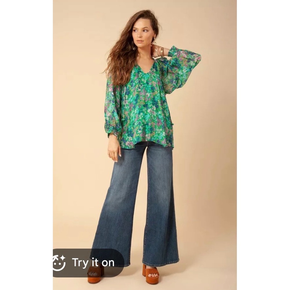Hale Bob Green Floral Silk Blend V-Neck Balloon Sleeve Blouse Small b4